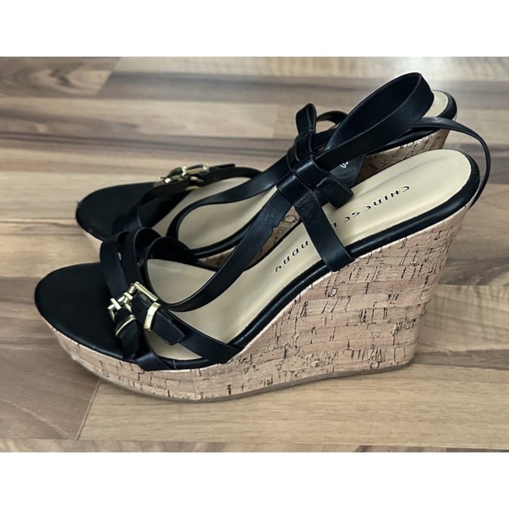 Chinese Laundry Black Leather Cork Wedge Platform Sandal Summer Heels Size 8 - Picture 4 of 11